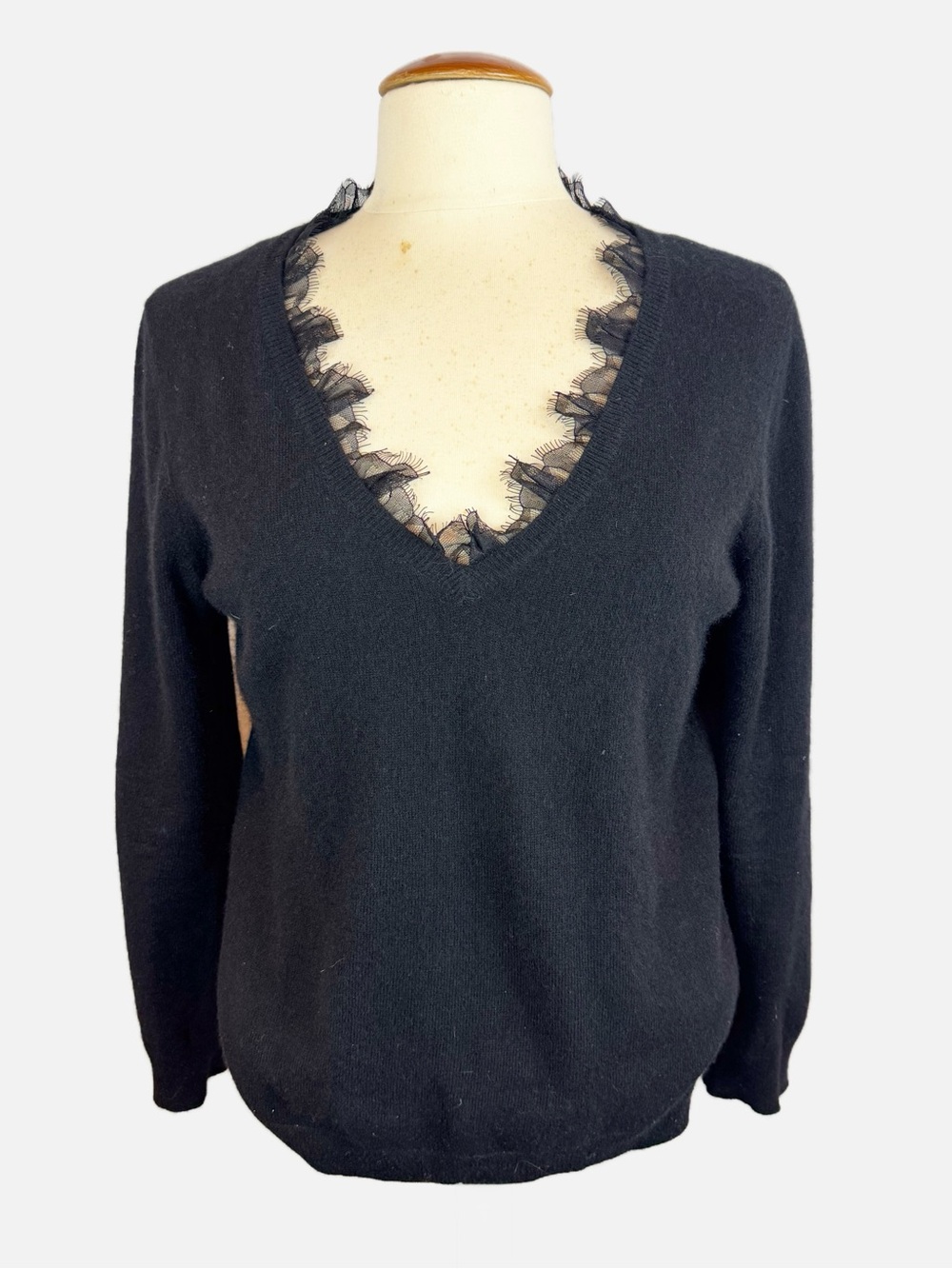 The Cashmere Project | Black 100% Cashmere V-Neck Sweater with Lace Trim, M